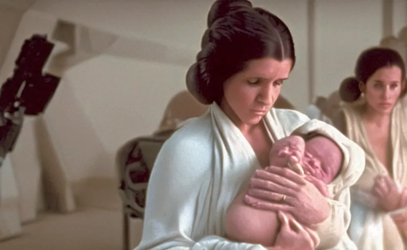 Image similar to screenshot of Princess Leia Organa holding a new born baby in a swaddle, standing next to Han Solo watching with his arms behind his back, pensive, iconic scene from 1980s Star Wars film directed by Ridley Scott, in a sci fi nursing home architecture, last jedi, 4k HD sharp, cinematic still frame, photoreal, detailed face, moody lighting, stunning cinematography, anamorphic lenses, kodak color film stock