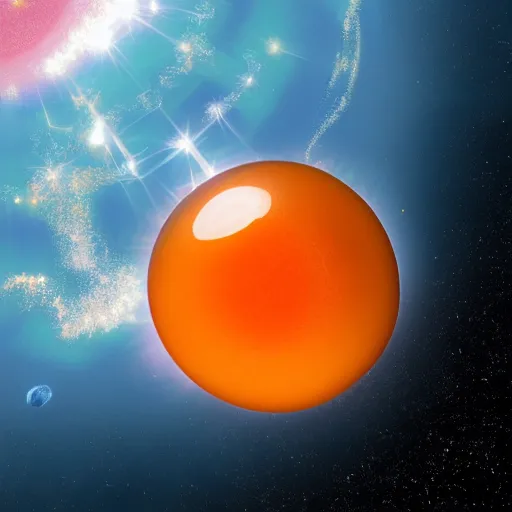 Prompt: sunkist gems float in outer space in orbit around alpha centuri.