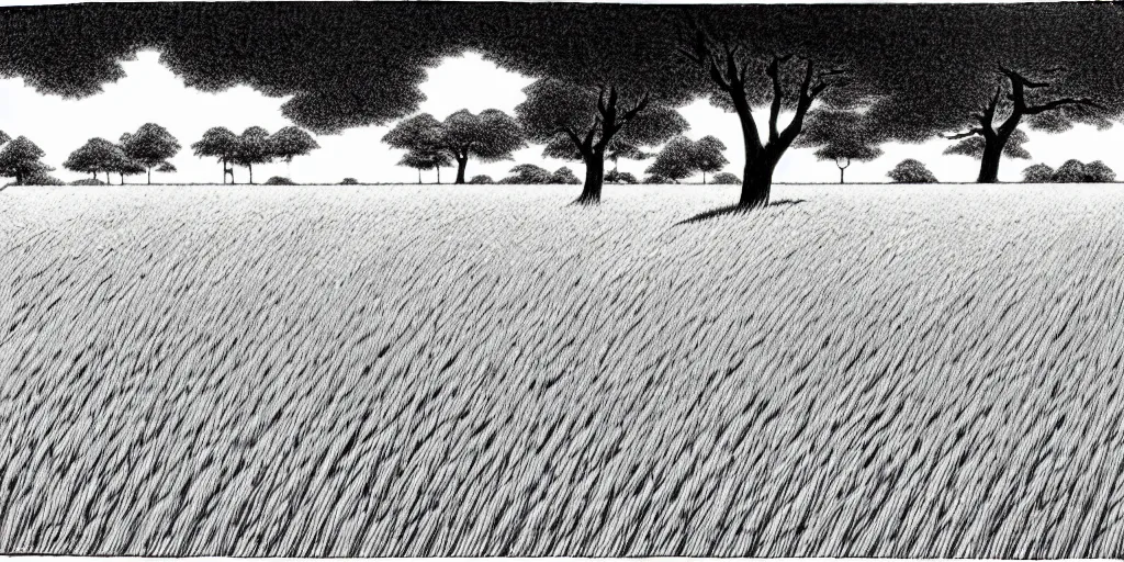 Image similar to a peaceful meadow, black and white manga panel, makoto yukimura, naoki urasawa fantasy