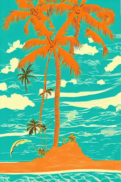 Prompt: hawaii, illustration, in the style of katinka reinke