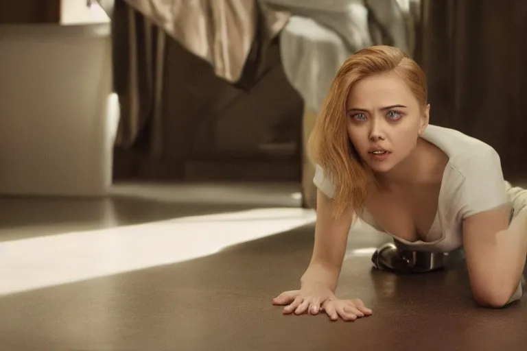 Image similar to close up of scarlet johannson as a female android on her hands and knees polishing the floor with a toothbrush, high resolution film still, 4 k, hdr color