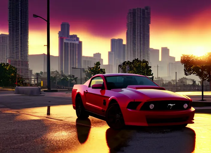 Image similar to still next - gen ps 5 game grand theft auto 6 2 0 2 4 remaster, graphics mods, rain, red sunset, people, rtx reflections, gta vi, miami, palms and miami buildings, photorealistic screenshot, unreal engine, 4 k, 5 0 mm bokeh, close - up ford mustang, gta vice city remastered, artstation