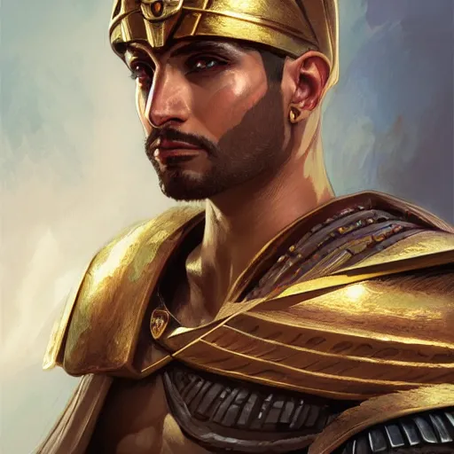 Prompt: male egyptian warrior, D&D, painted fantasy character portrait, headshot, intricate, elegant, highly detailed, digital painting, artstation, concept art, sharp focus, illustration, art by artgerm and greg rutkowski and alphonse mucha