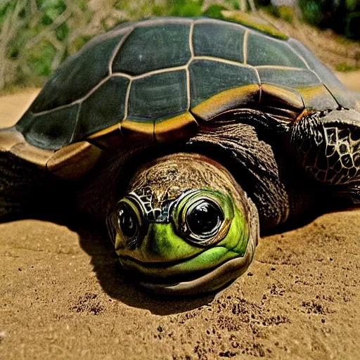 Prompt: photo of a terrifying turtle with a nightmarish disfigured face, creepy eyes and mouth, nightmare fuel, creepypasta