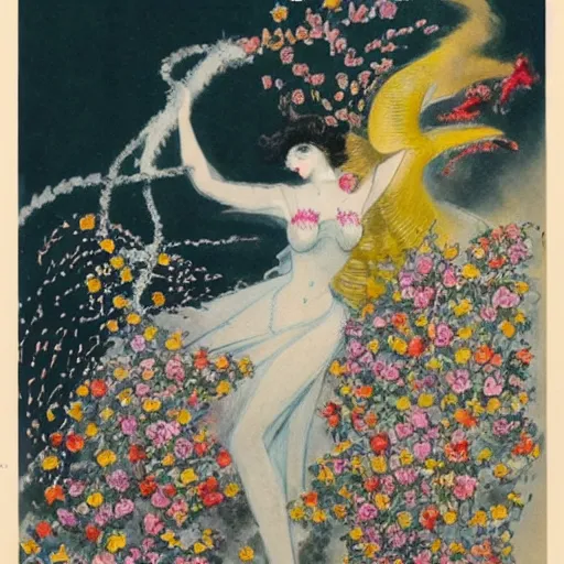 Prompt: Louis Icart, an old elaborate painting of an abstract robot tornado made entirely out of flowers coming out of her head, highly detailed, swirling, flowing, dancing, dreaming, masterpiece - H 704