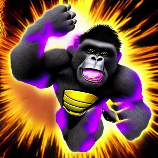 Prompt: a super sayan gorilla collects metallic purple rings