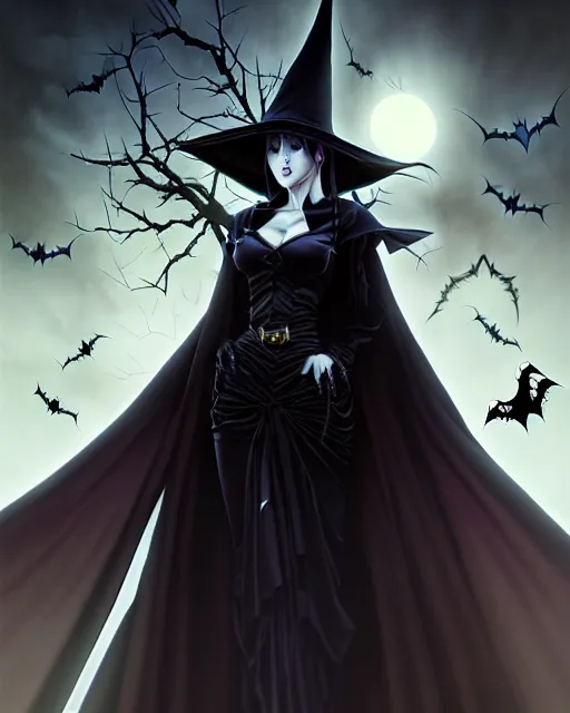 Prompt: beautiful evil witch, spooky halloween night, manga style, wallpaper aesthetic, powerful, cinematic, dramatic, super detailed and intricate, hyper realistic, 4 k render, by artgerm, by kyoung hwan kim, by ralph mcquarrie, by yoshiyuki tomino