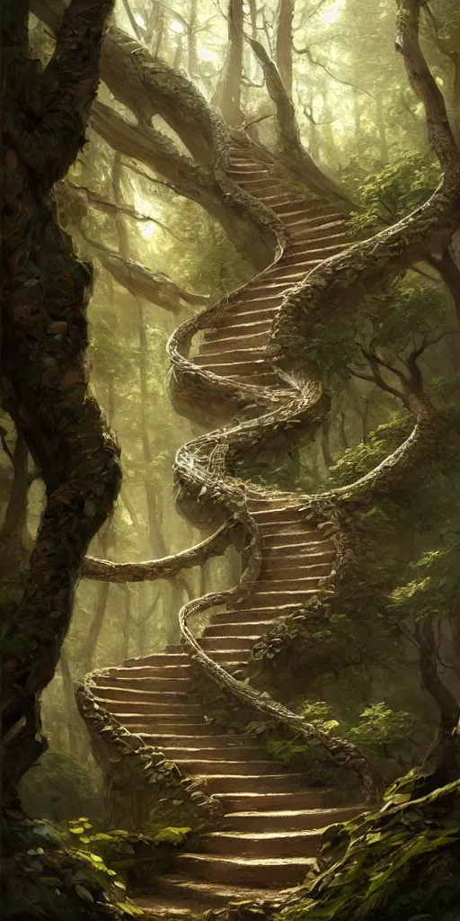 Image similar to a man walking up a steep and winding staircase, in beautiful woods, intricate, elegant, highly detailed, oil painting, artstation, concept art, sharp focus, beautiful illustration, society, by justin gerard and artgerm, 4 k