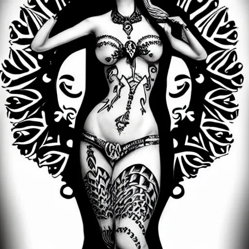 Prompt: new school black and white tattoo design of a female siren wearing a crown, full body, highly detailed