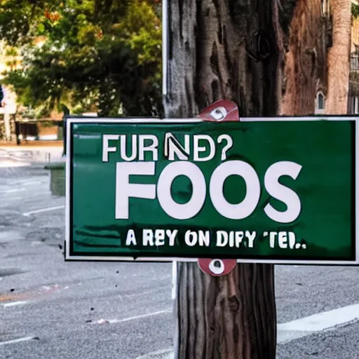 Prompt: a street sign that says no furries, sad furry looking at it