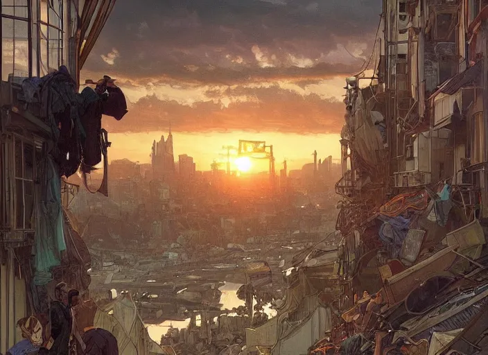 Prompt: seen from window, garbage dump, city is pure wasteland, sunset in background, detailed characters, alphonse mucha, greg rutkowski, trending on artstation, artgerm, breathtaking, sharp focus, smooth, mark arian, award winning, highly detailed 4 k art