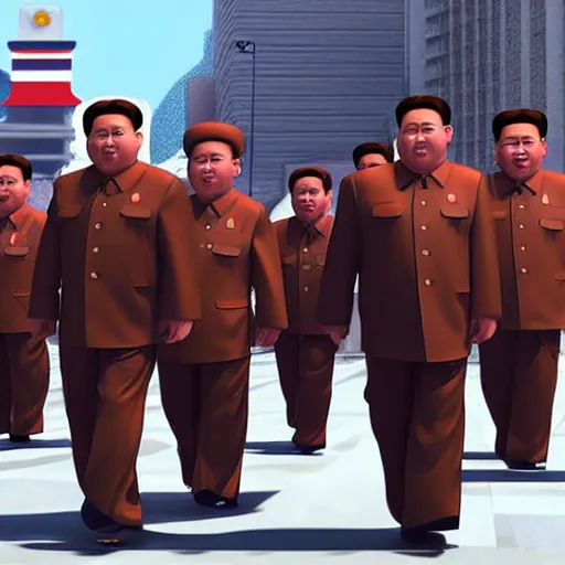 Image similar to screaming kim jong un doll leading a parade of himself octane render