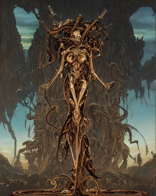 Image similar to elegant renaissance painting of biomechanical warhammer final boss creature vecna, art by bruce pennington and peter mohrbacher, epic bibical depiction, flesh and bones, teths and tentacles, corpses and shadows