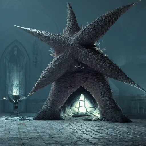 Prompt: patrick star monster reimagined as a boss in dark souls, dark cinematic, volumetric, realistic, cinematic lighting, ray tracing, unreal engine 5, unreal engine render, octane render, hyper realistic, photo, 8 k