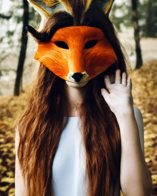 Prompt: a head and shoulders portrait of a beautiful woman wearing a fox half mask, a mask that just covers her eyes, long flowing hair, photorealism, by Nina Masic, by Flora Borsi, by Ilya Kuvshinov, 50mm f/1.4, bokeh, kodak ektar