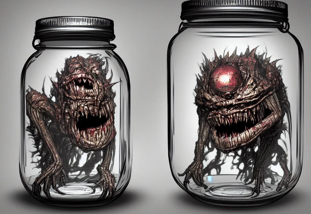 Prompt: Photorealistic miniature monster inside a jar on clean background by H.R. Giger, KDA and Sam Yang, trending on artstation