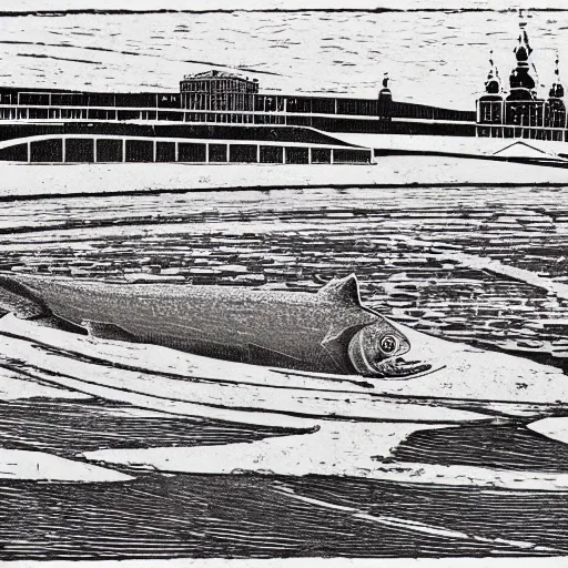 Image similar to linoprint of a salmon breaking ice on Neva river in Saint-Petersburg ex libris