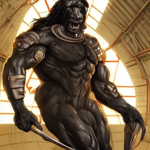 Image similar to splash art of a super buff black - coated anthropomorphic horse character in a research facility wearing a leather combat suit, long hair, exaggerated muscles, highly detailed, furry, furaffinity, digital painting, artstation, sharp focus, illustration, art by artgerm, greg rutkowski, alphonse mucha