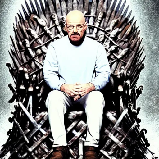 Prompt: “Intricate 4K photo of Walter White sitting on the Iron Throne from Game of Thrones, award-winning crisp details”