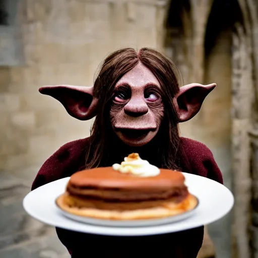 Image similar to closeup portrait of a medieval goblin eating cakes in the cloisters, depth of field, zeiss lens, detailed, symmetrical, centered, fashion photoshoot, by annie leibovitz and steve mccurry, david lazar, jimmy nelsson, breathtaking, 8 k resolution, extremely detailed, beautiful, establishing shot, artistic, hyperrealistic, beautiful face, octane render