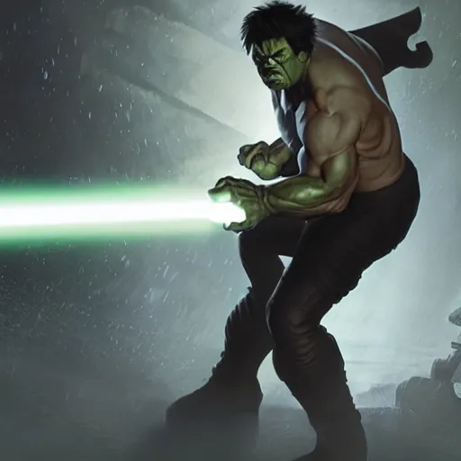 Prompt: The Hulk as a jedi holding a lightsaber, dramatic lighting, epic hero illustration, ray tracing, Unreal Engine 4, extremely high level of detail.