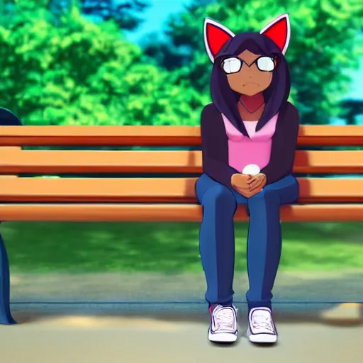 Image similar to 3 d photo of bill cosby with cat ears and long hair looking to her side, sitting on a bench with a park behind her, bokeh, shader, anime art style, highly detailed, cel - shaded, colorful, animated, trending