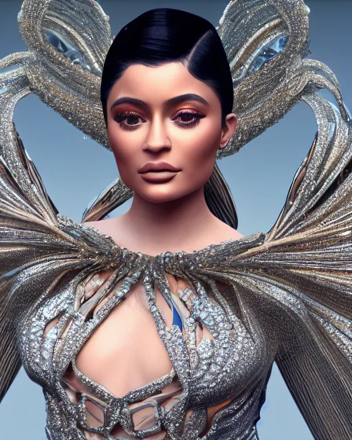 Prompt: a highly detailed metahuman 8 k close up render of kylie jenner renaissance in iris van herpen dress schiaparelli in diamonds crystals swarovski and jewelry iridescent in style of alphonse mucha gustav klimt trending on artstation made in unreal engine 4