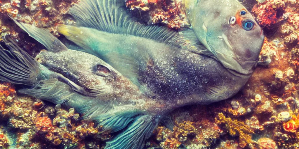 Prompt: a very intricately detailed underwater photo of a fish cuddling with a bird, extreme detail, artstation hq, 8 k