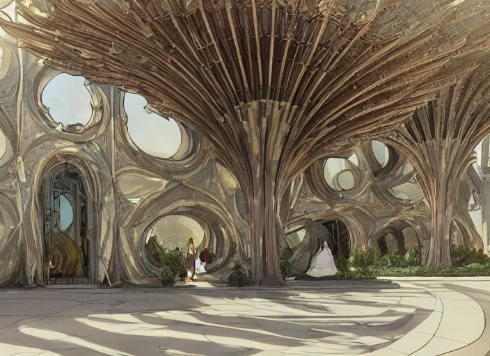 Image similar to mercedes exhibition center exterior designed by antoni gaudi, and concept art by artgerm, greg rutkowski, alphonse mucha