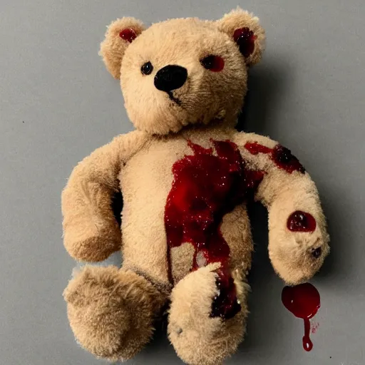 Image similar to a cyborg teddy bear covered in blood
