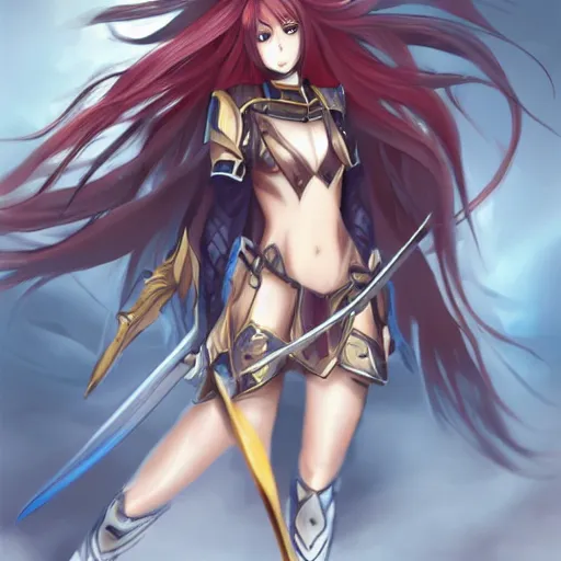 Prompt: a portrait of an attractive knight female anime character with long hair, shot of entire body, artgerm