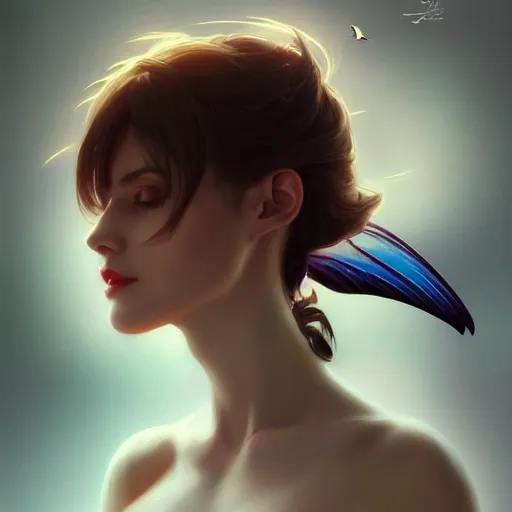 Prompt: 3 / 4 view of a portrait of woman with bird wings, confident pose, pixie, genshin impact,, intricate, elegant, sharp focus, illustration, highly detailed, concept art, matte, trending on artstation, anime, bright colors, art by wlop and artgerm and greg rutkowski, marvel comics h 6 4 0