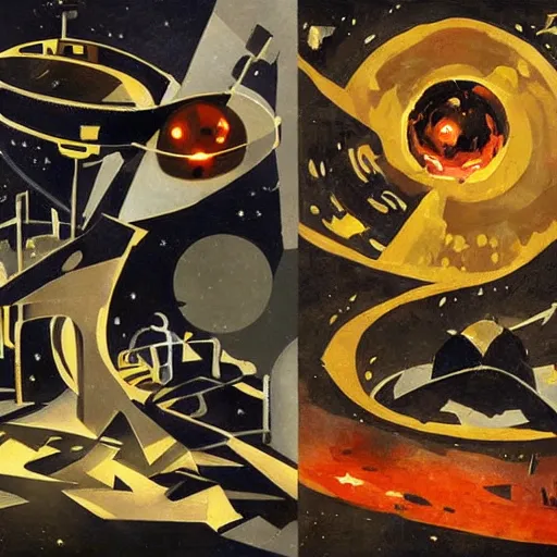 Prompt: A beautiful collage of a black hole consuming a star. by Ossip Zadkine, by Ian McQue improvisational