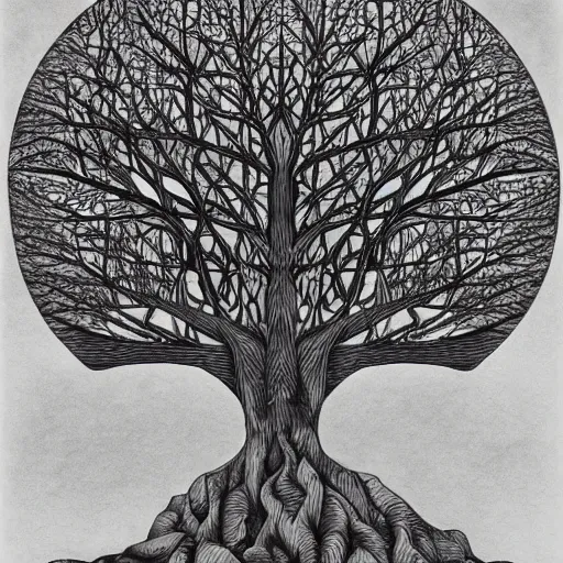 Image similar to the tree of knowledge bearing strange fruit by mc escher, line art, charcoal, ink drawing, illustration, color