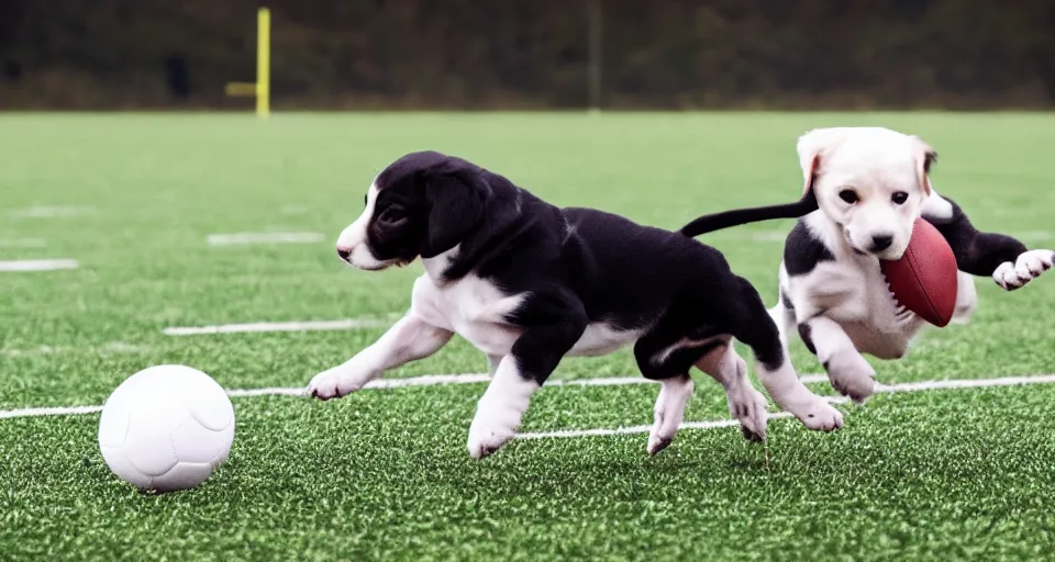 Prompt: kicking puppy across a football field
