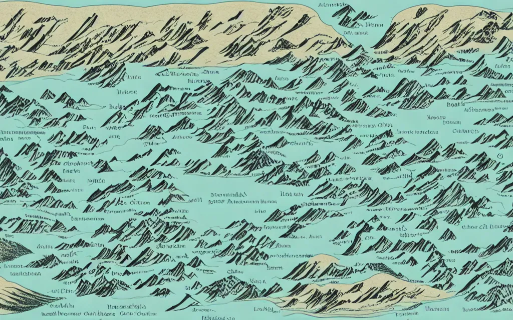 Prompt: medieval map mountain ranges, rivers, lakes, cursive lettering digital illustration