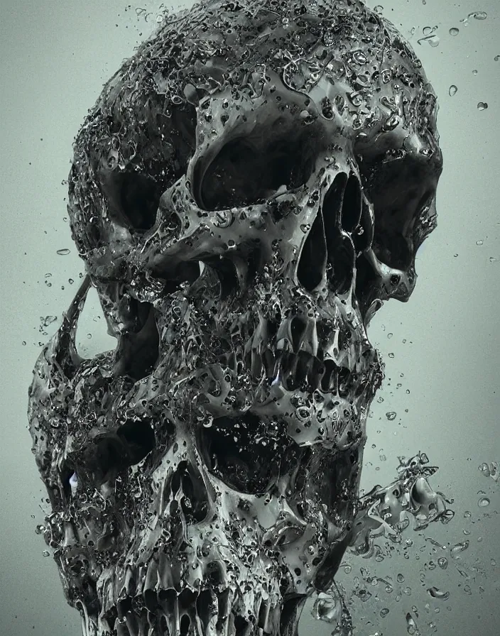 Image similar to portrait of a melting skull. intricate abstract. sharp teeth. delicate artwork. by Tooth Wu, wlop, beeple, dan mumford. octane render, trending on artstation, greg rutkowski very coherent symmetrical artwork. cinematic, hyper realism, high detail, octane render, 8k, depth of field, bokeh. chrome accents.