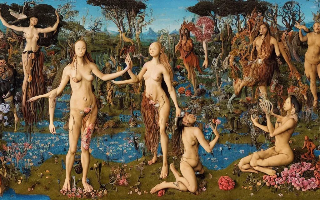 Prompt: a portrait photograph of a meditating centaur shaman and a flayed mermaid feeding harpies at a wide river delta. surrounded by bulbous flowers, animals and a few trees. mountain range under a blue sky of burning stars. painted by jan van eyck, max ernst, ernst haeckel, ernst fuchs and artgerm, trending on cgsociety