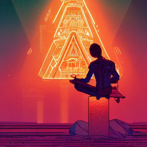Image similar to Stunningly intricate illustration of a cyberpunk explorer meditating next to a floating triangular glowing monolith, highly detailed, midnight, by Victo Ngai and James Gilleard , Moebius, Laurie Greasley