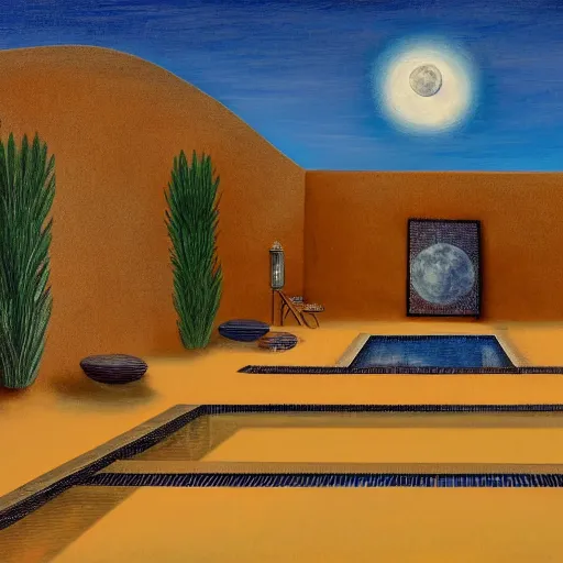 Image similar to full moon over a pool in a courtyard in the desert, people lounging, painting in the style of Max Ernst, incredible, 4k