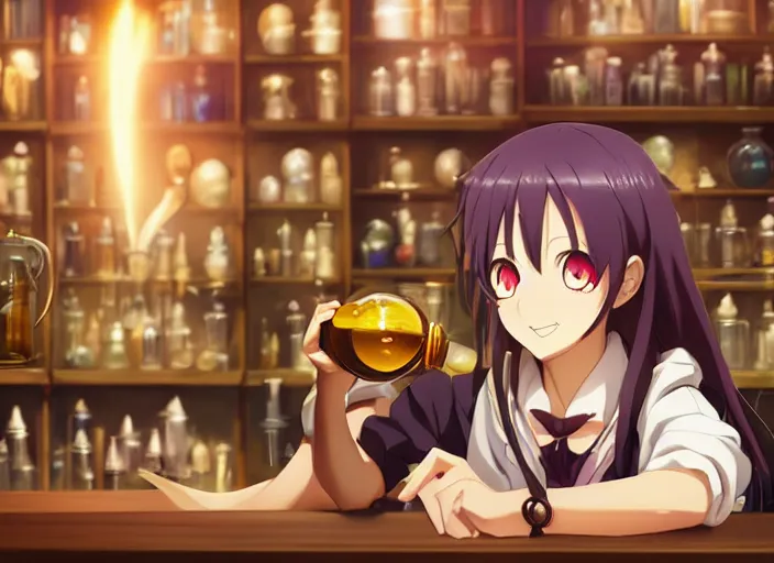 Image similar to anime, portrait of a young woman in a alchemist's potion shop interior looking at a glowing potion, yoshinari yoh, dynamic pose perspective, moody, detailed facial features, kyoani, rounded eyes, sharpened image, cel shade