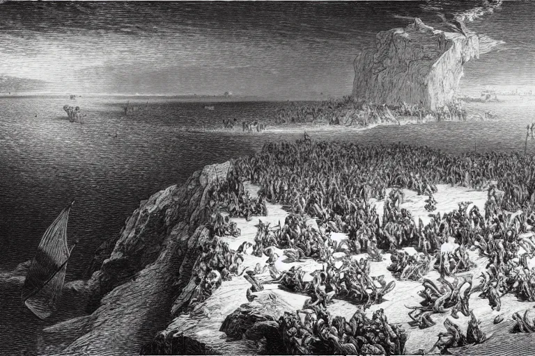 Image similar to aerial view, the biblical crossing of the red sea, Gustave Dore lithography