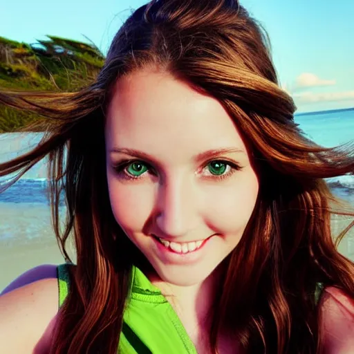 Prompt: Selfie photograph Cute young woman, long shiny bronze brown hair, green eyes, cute freckles, soft smile, golden hour, beach setting, medium shot, mid-shot, instagram