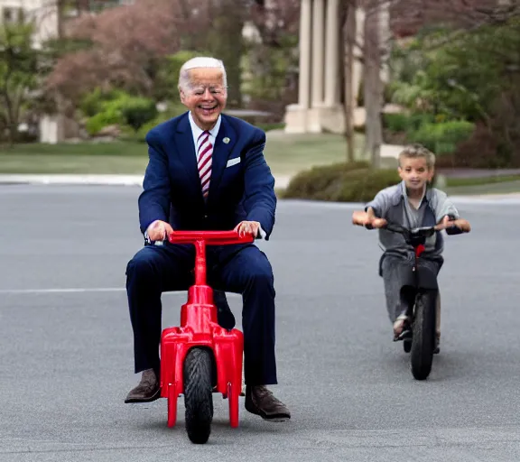 Image similar to Joe Biden riding a comically small red tricycle