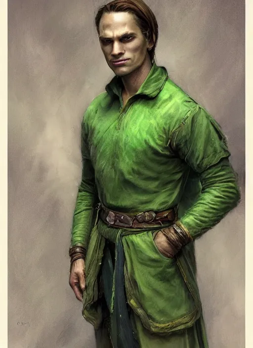 Prompt: a spiritual man in his twenties smirking with medium light brown hair tied back, light green eyes, a large forehead, a widows peak and a round face with high cheekbones and full lips as a realistic d & d fantasy character, portrait art by donato giancola and greg rutkowski, vintage retro, realistic face, digital art, trending on artstation