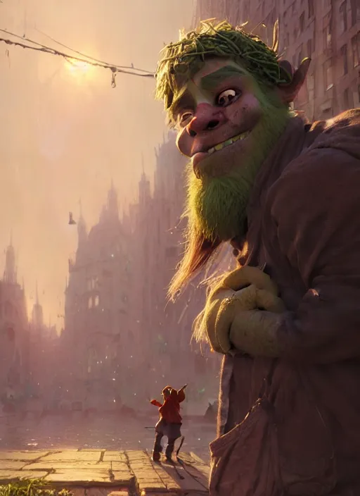 Image similar to Highly detailed portrait of homeless and beaten up Shrek, Stephen Bliss, unreal engine, fantasy art by Greg Rutkowski, Loish, Rhads, ferdinand knab, Makoto Shinkai and Lois van baarle, ilya kuvshinov, rossdraws, Tom Bagshaw, global illumination, radiant light, detailed and intricate environment