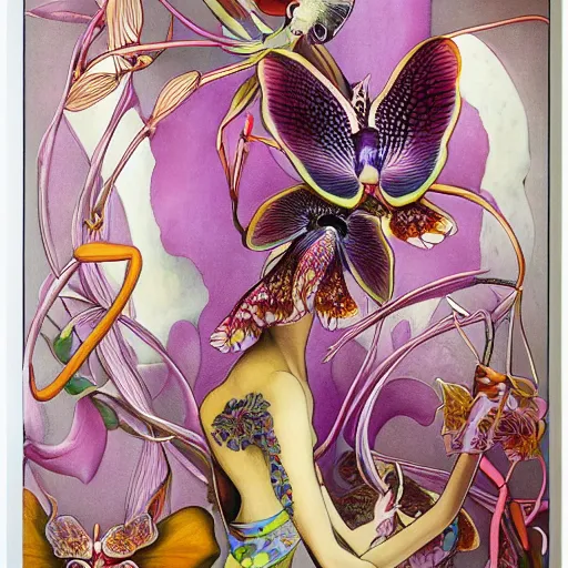 Image similar to majestic colorful orchid mantis enamel by leon bakst and yoshitaka amano, beautiful hyperdetailed art nouveau orchids, james jean, amanda sage