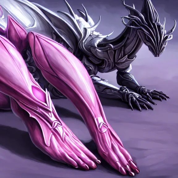 Prompt: very close up foot pov shot, detailed foot shot, feet art pov, hyperdetailed elegant beautiful stunning hot anthropomorphic mecha female goddess dragon laying down showing detailed dragon feet at camera, furry paw pov art, anthro paw pov art, sharp silver armor fuchsia skin, sleek legs, warframe destiny fanart, giantess art, dragon paws, octane