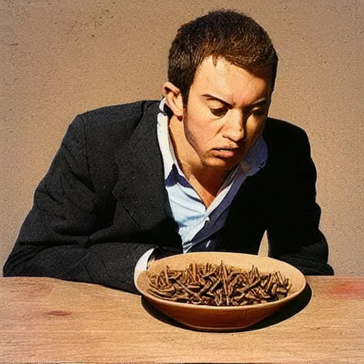 Image similar to “ a stern businessman eating a bowl of rusty nails. ”