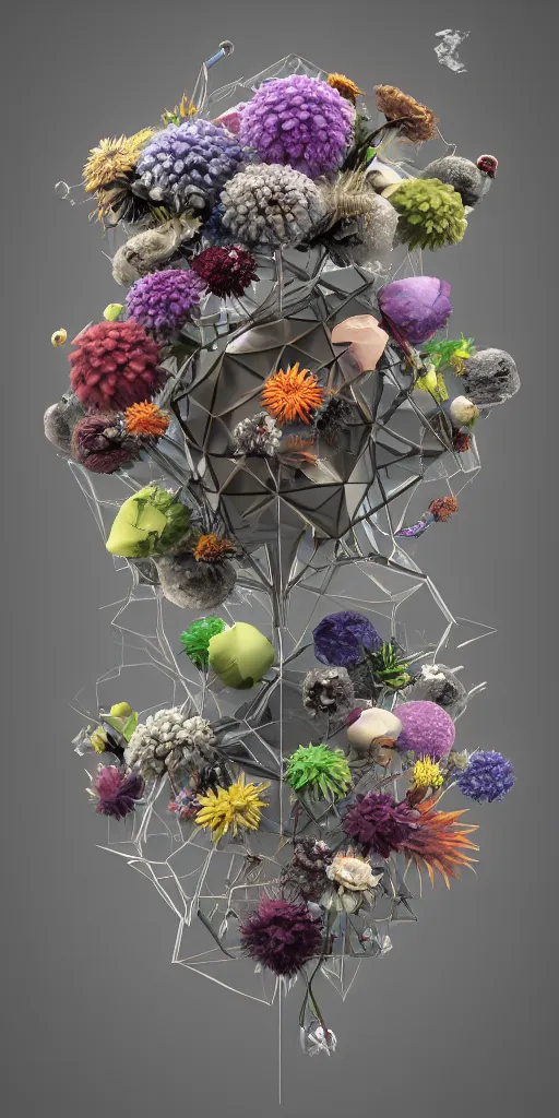 Prompt: a render of dead flowers around platonic solids, c 4 d, 3 d, by zhelong xu and ernst haeckel, hyper realistic, plain background, 8 k, volumetric lightning, trending on artstation